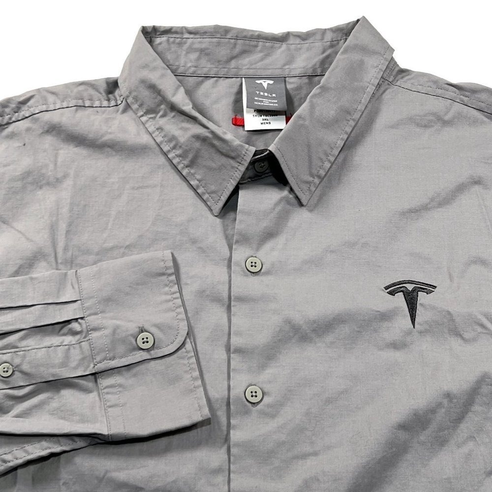 Tesla Button Up Shirt Mens 3XL Employee Long Sleeve Gray Stretch